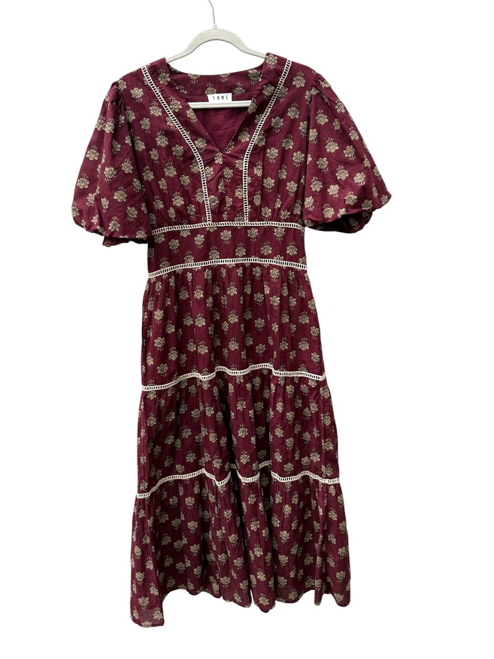THML Burgundy Floral Tiered Midi Dress with Ivory Trim